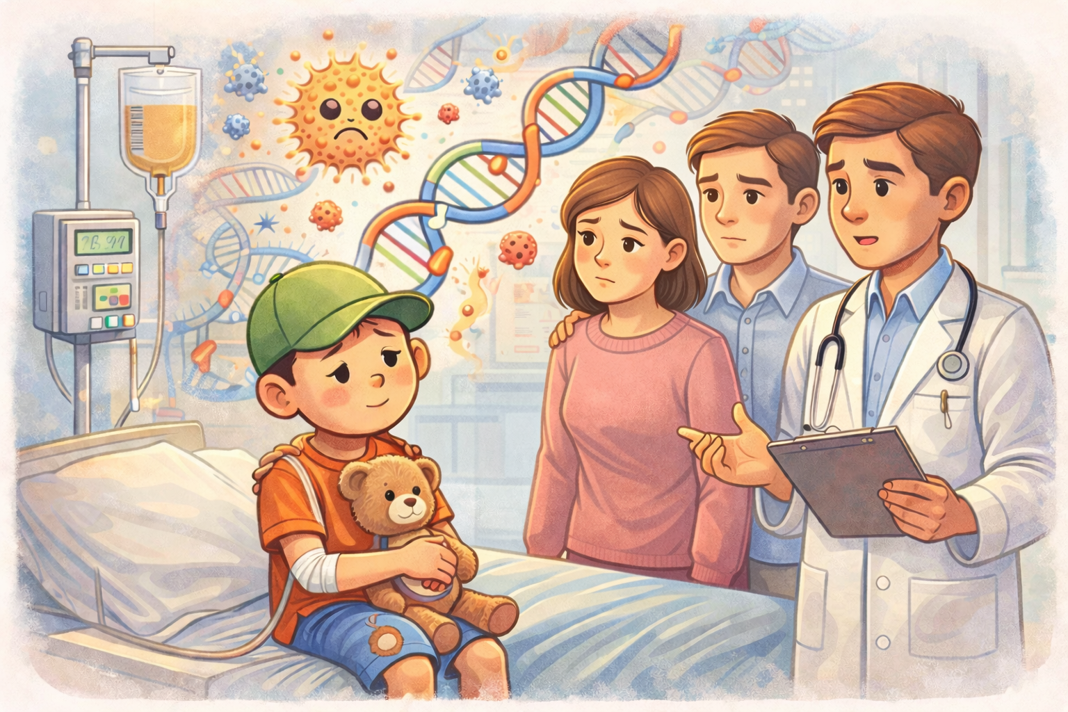 A child receiving a cancer diagnosis is shown together with the parents and a physician, illustrating that childhood cancer affects the entire family. The disease is caused by genetic changes that disrupt normal cellular function.